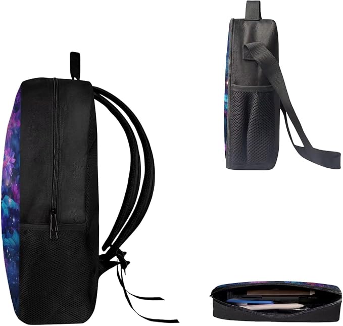 Mumeson Galaxy Butterfly School Backpack Lightweight Outdoor Casual Daily Daypack 3 in 1 Backpack Insulated Thermal Lunch Bag Tote Bag Pencil Stationery Storage Pouch Pencase - Image 3