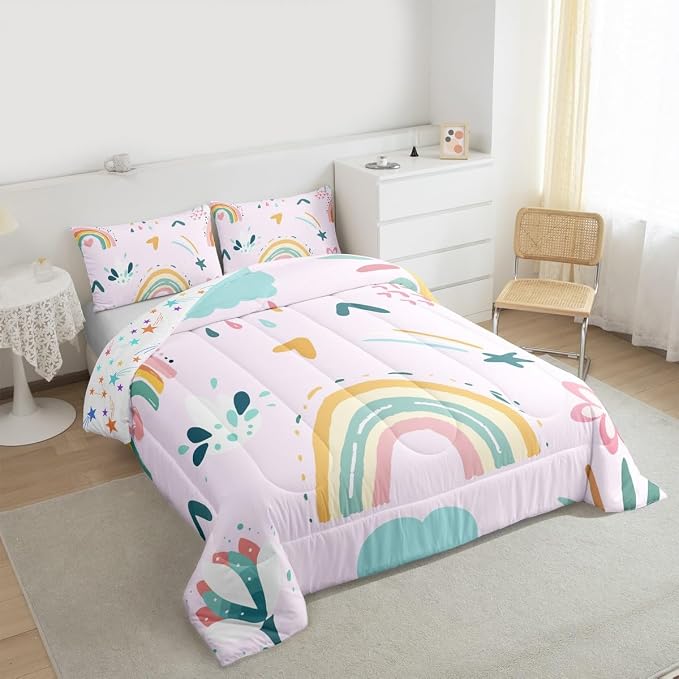 Erosebridal Rainbow Full Bedding Sets for Girls 3 Pcs, Cute Flowers Comforter Set Cartoon Rainbow Ripple Quilt, Colorful Kawaii Cloud Duvet Insert for Kids Boys Children Women Bedroom Decor, Pink - Image 4