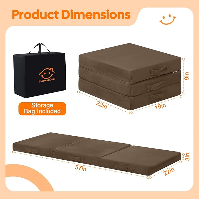 MeMoreCool Foldable Floor Mattress for Kids Trifold, 57x22 Inch Coffee | Trifold futon floor mattress for playroom, reading nook and travel, washable - Image 3
