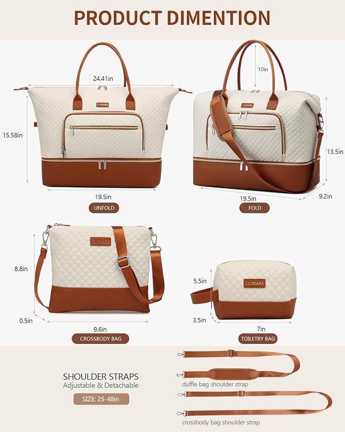 Weekender Bags for Women, Travel Tote Duffle Bag Carry On Overnight Bag with Cosmetics Bag and Crossbody Purse for Gym Hospital, Gifts for Women, Beige Brown - Image 3
