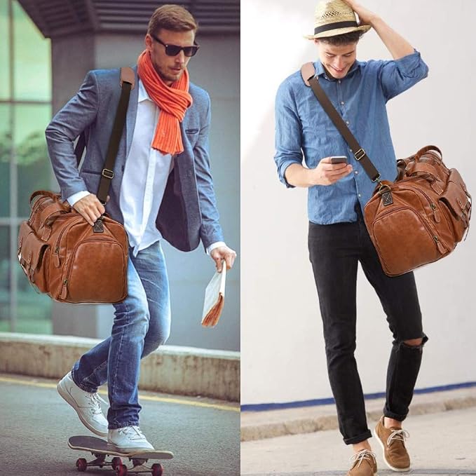 Zeroway PU Leather Travel Duffel Bag with Shoe Pouch Large Carry on Bag Waterproof Weekender Overnight Bag for Men Women Brown - Image 7