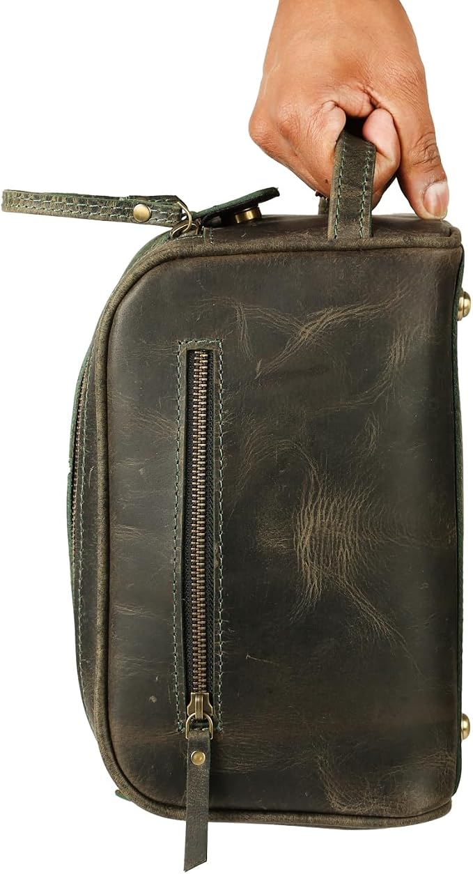 KomalC Leather Toiletry Bag for Men & Women – Handcrafted Travel Grooming Kit with Water-Resistant Lining and Secure Zipper Closure - Image 5
