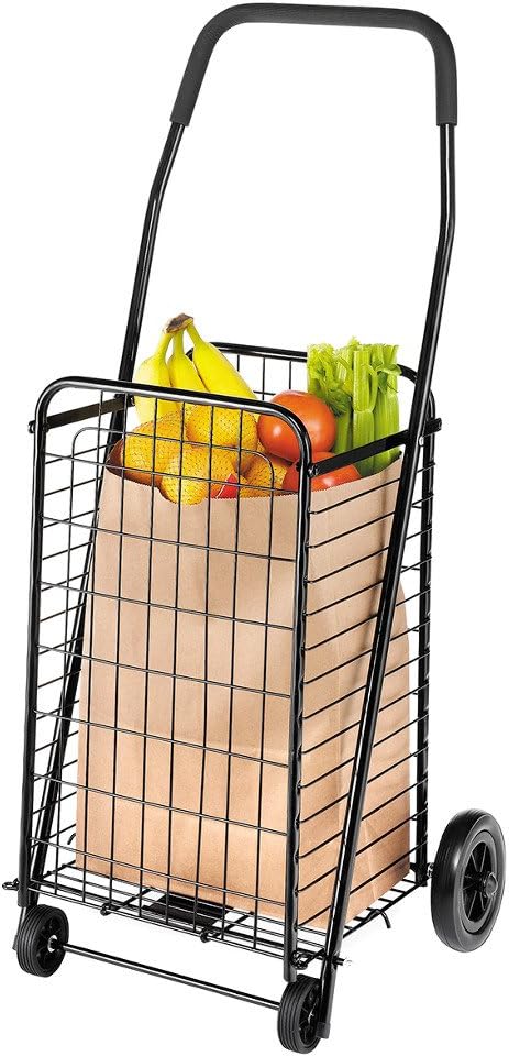 Whitmor Foldable Utility Shopping Cart with Wheels, Heavy Duty Metal Grocery Cart, Portable Foam Handle, Rolling Collapsible Trolley for Groceries, Laundry, Storage, Black by Whitmor