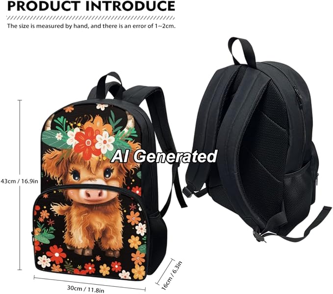 Cow Girls Backpacks for Elementary School Cute Floral Bookbag for Kids 3 Piece School Bag Set with Lunch Box and Pencil Bag Aesthetic for Boys - Image 3