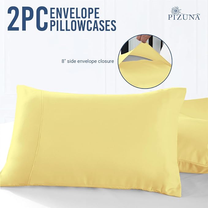 Pizuna 100% Cotton Pillow Cases Queen Size Set of 2 Luxury 1000 Thread Count Sateen Weave Long Staple Cotton Hotel Quality Envelope Closure Pillow Covers Fits Standard/Queen Pillows - Mellow Yellow - Image 3