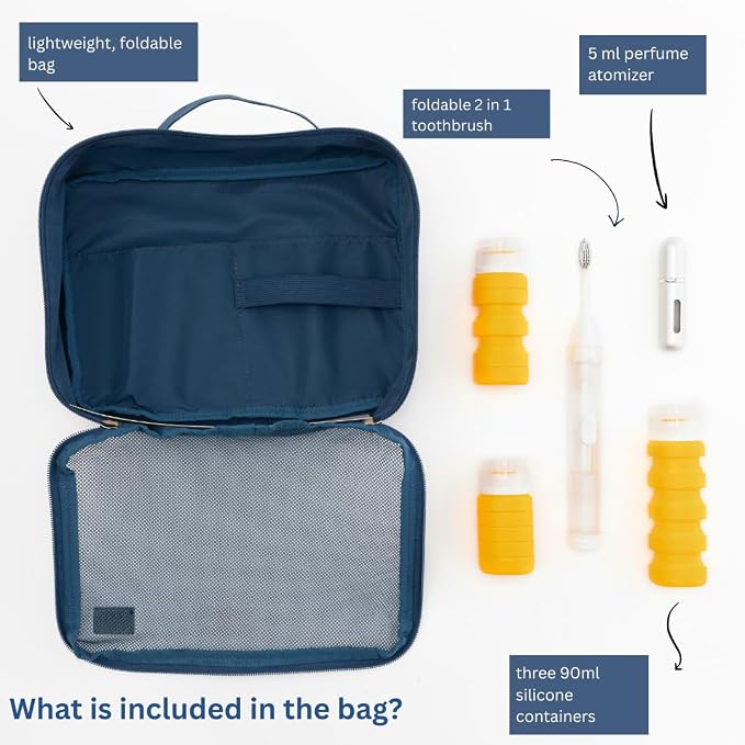 Decent Travels Toiletry Kit – Compact Travel Bag with Refillable Bottles (90ml), Perfume Atomizer & Foldable Toothbrush for Carry-On Essentials - Image 4