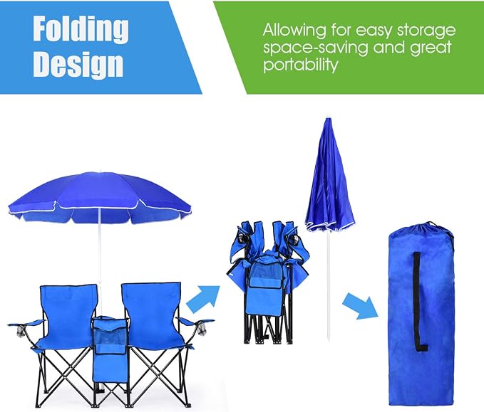 Goplus Double Camping Chair with Umbrella, Folding Loveseat Chairs w/Canopy Shade, Carrying Bag, Table, Cup Holder, Portable Beach Chairs Outdoor Picnic Patio (Blue) - Image 6