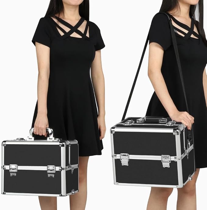 Yaheetech Rolling Makeup Train Case, Cosmetology Nail Organizer, Black | Aluminum frame and PVC shell hold a full 66 lb kit; movable dividers organize every tool, and it splits to travel on wheels - Image 2