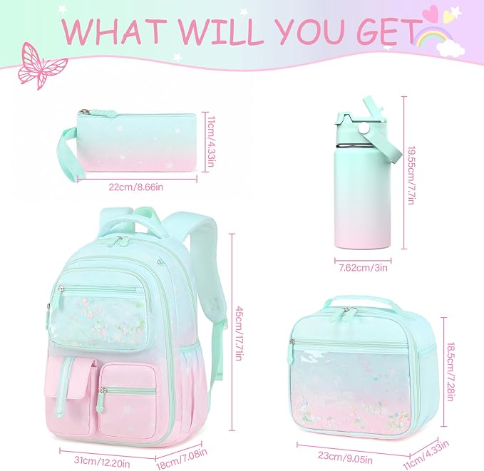 ACESAK Kids School Backpack for Girls, Mermaids Bookbag Backpack with 14OZ Water Bottle, Lunch Bag Set for GirlsTeens Middle Student, Girls Backpacks for School (Pink Green) - Image 2