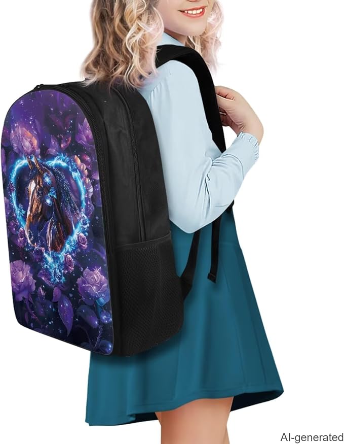 Horse Backpack for Girls Kids Backpack with Lunch Box Water Bottle Holder and Aesthetic Pencil Case 4PCS Set Bookbag with Compartments for School Teens 17" Sturdy School Bag with Side Pocket - Image 2