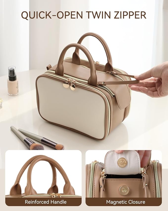 Prite Travel Makeup Bag Women’s Large Capacity Waterproof Cosmetic Organizer Portable Open Flat Toiletry Case with Free-standing Brush Holder and Handle(Beige Brown Medium) - Image 5