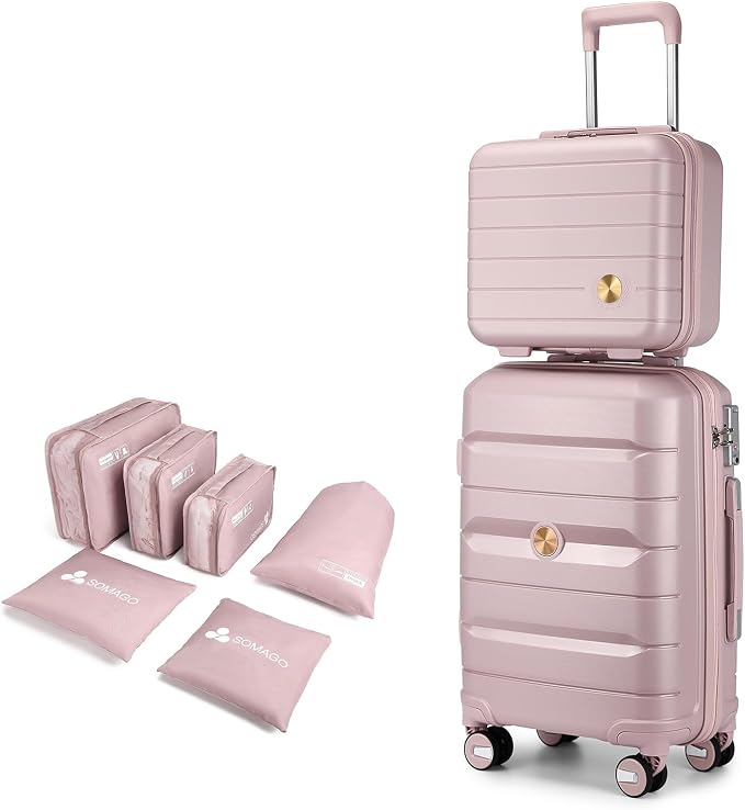 Somago 20 Inch Carry On Luggage Sets Hardside Suitcase with Double Spinner Wheels and TSA Lock YKK Zipper (Nude Pink,14/20) by SOMAGO