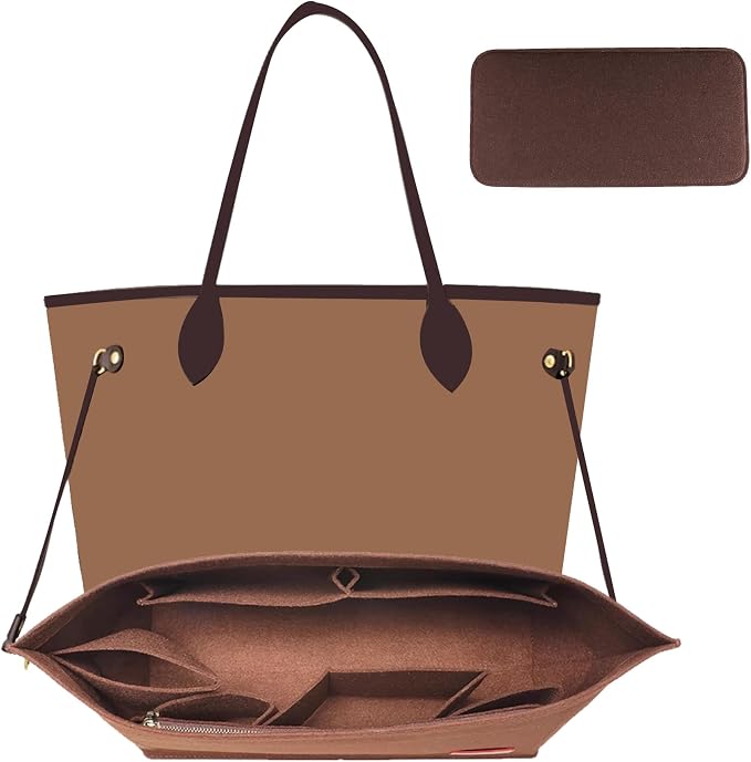 Purse Organizer Insert, Tote Bag Organizer Insert with Base Shaper,Felt Zipper Handbag Shaper Compatible with Neverfull MM Speedy 30 and More,Brown/L by OAIKOR