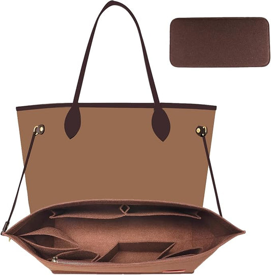 Purse Organizer Insert, Tote Bag Organizer Insert with Base Shaper,Felt Zipper Handbag Shaper Compatible with Neverfull MM Speedy 30 and More,Brown/L by OAIKOR