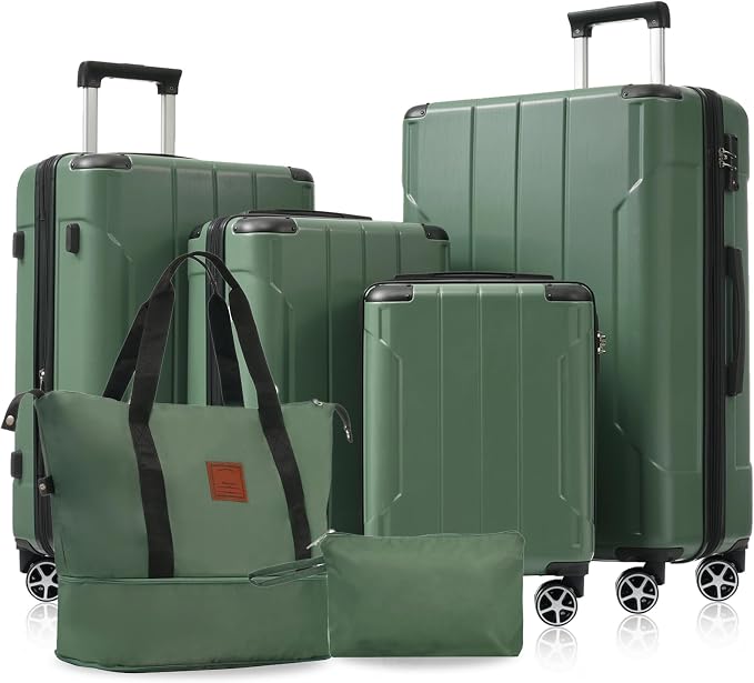 6 Piece Luggage Set Hard Shell - Green Expandable Suitcases with Spinner Wheels and Duffel Bags for Family Travel, Durable Carry On Luggage Sets with Lock for Women and Men by Unknown