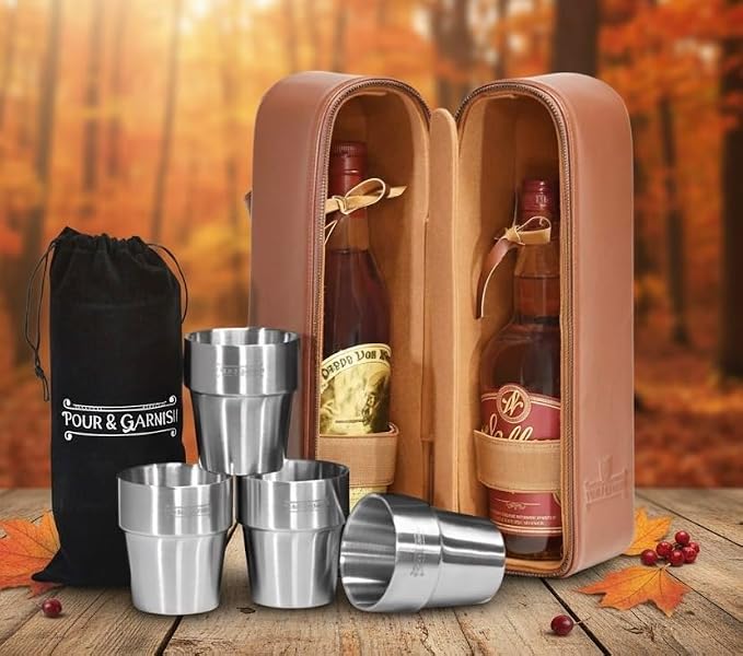 POUR & GARNISH Bourbon, Whiskey & Wine Double Bottle Travel Bag – Vegan Leather Spirits Carrier with 4 Stainless Steel Insulated Glasses & Gift Pouch – Luxury Barware Gift - Image 2