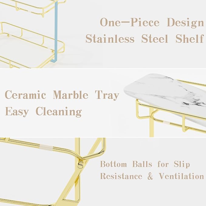 Bathroom Organizer Countertop Perfume Organizer Makeup Organizer Cosmetics Storage Display Rack Vanity Tray Dresser Stainless Steel Gold Shelf White Marble Ceramic Tray - Image 2