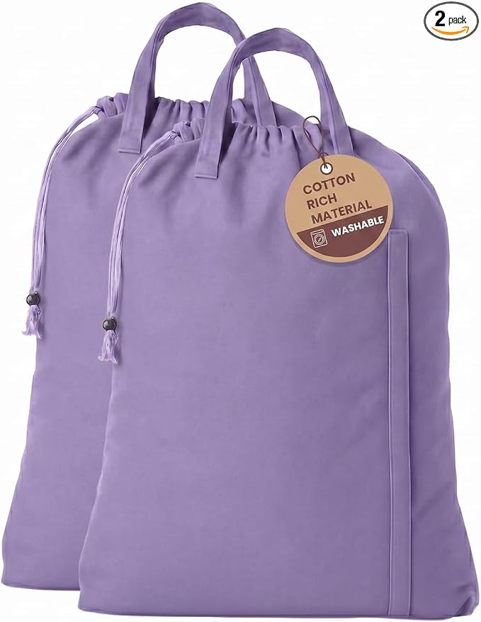 LFH Home Cotton Rich Large Premium Canvas Laundry Bag, Heavy Duty Washable Laundry Hamper with Drawstring & Handles, Multi-Use Clothes Storage for Home, Travel & College 28"x40" (Pack of 2) - Lavender by LFHHomePrivateLimited