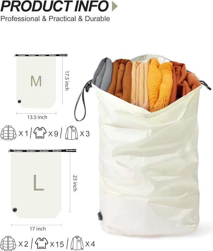 Travel Laundry Bag, Pump-free Vacuum Compression Dirty Clothes Bag, Large Reusable Waterproof & Washable Laundry Bag, Wet and Dry Bag, Ideal for Suitcases, Laundromats (1 Pack) White - Image 2