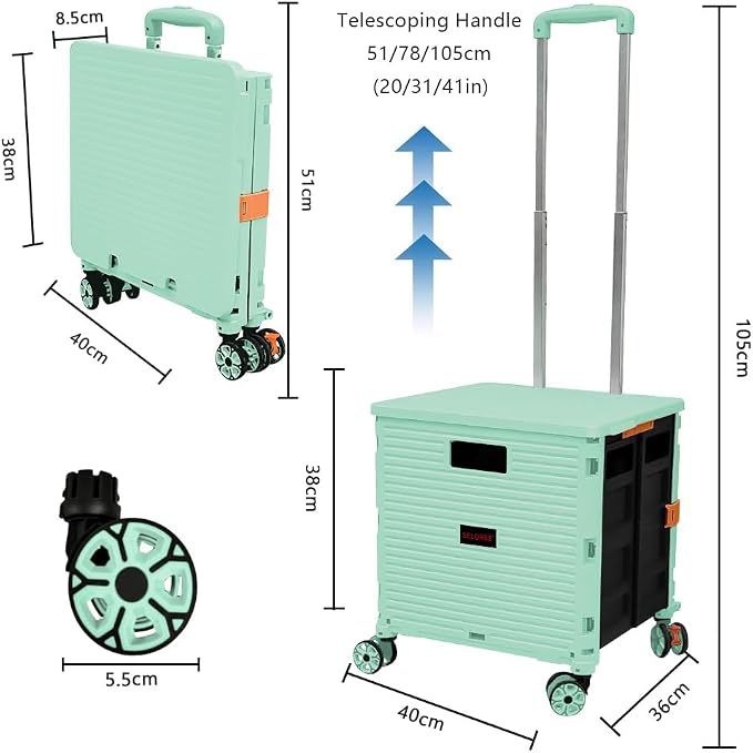 FELICON SELORSS Foldable Utility Cart Folding Portable Rolling Crate-Green | Durable,Heavy Duty,Plastic Box,Telescoping Handle,4 Rotate Wheels,Collapsible Handcart for Travel Shop Move Luggage Office - Image 7