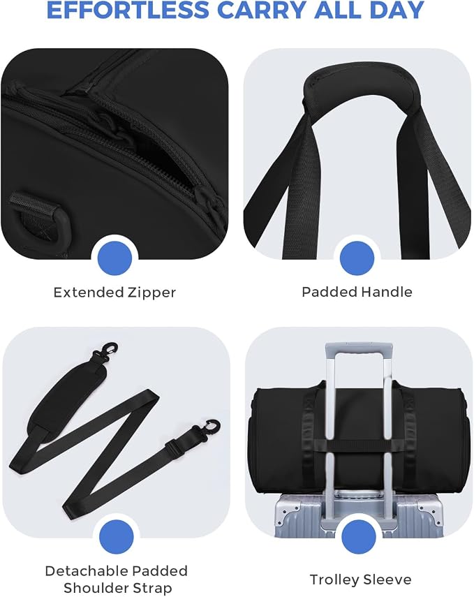 WANDF Convertible Garment Bags for Travel with Wet Pocket Carry on Garment Duffle Bag 2 in 1 Puffy Hanging Clothes Travel Bags with Shoe Compartment for Airplanes Business Weekend Gym Wedding (Black) - Image 9