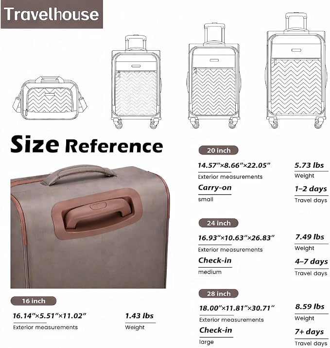 Travelhouse 4-Piece Softside Luggage Set with Spinner Wheels | Lightweight expandable suitcases: 16" underseat duffel bag + 20" carry-on + 24" + 28" checked - Image 3
