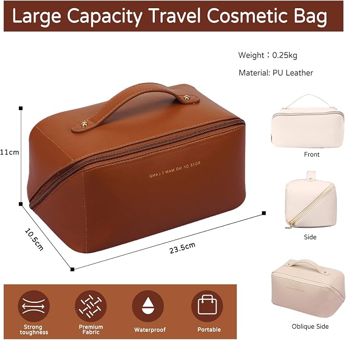 CORIOS Toiletry Bag For Women Portable Make Up Bag Waterproof Wash Bag PU Leather Cosmetic Bag Bathroom Shower Bag Multifunctional Travel Organizer For Shampoo, Cosmetics, Toiletries Brown - Image 3