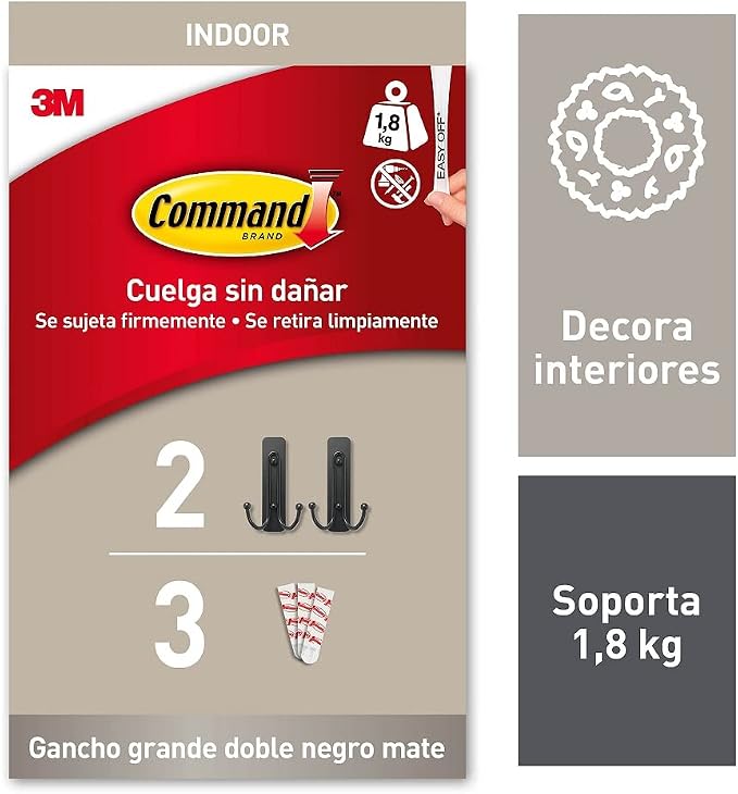 Command Decorative Hook, Matte Black Double Hook, Indoor use - 2 Metal Medium Hooks and 3 Adhesive Strips - Hang Jackets, Purses, Handbags, Backpacks, Hats, Scarves, Dog Leads - Organise Damage Free by Unknown