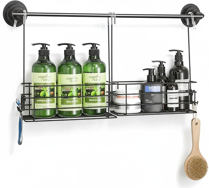 2pcs Single-Layer Shower Caddy Hanging Shower Orangizer Stainless Steel Shower Rack with Hooks Over The Door, Shampoo Basket Storage (Black) by Seltomer