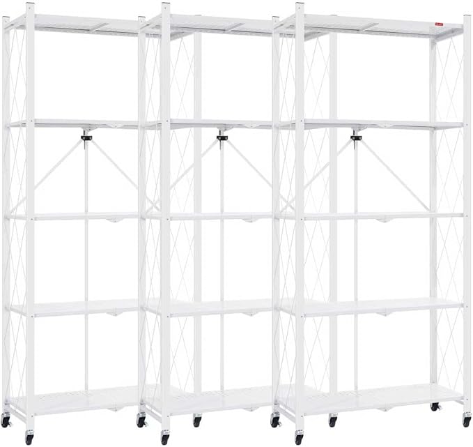 DEANIC 5 Tier Foldable Storage Shelves with Wheels, Large Capacity Shelving Unit, Freestanding Metal Wire Shelf Rack, No Assembly Organizer Rack for Garage Kitchen, Basement, Pantry White,3 Pack by ShowNow
