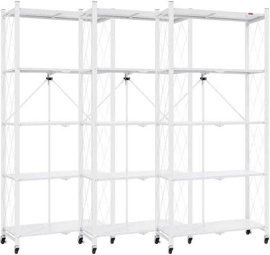 DEANIC 5 Tier Foldable Storage Shelves with Wheels, Large Capacity Shelving Unit, Freestanding Metal Wire Shelf Rack, No Assembly Organizer Rack for Garage Kitchen, Basement, Pantry White,3 Pack by ShowNow