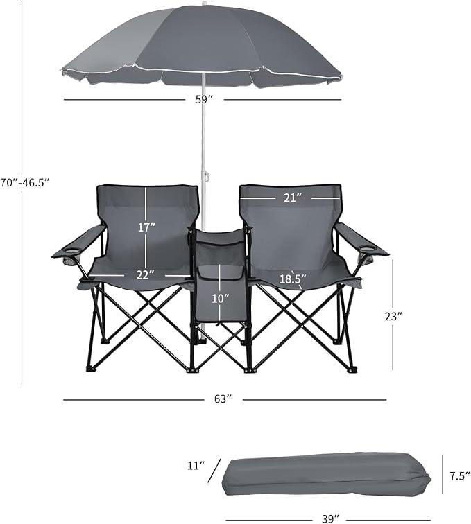 Goplus Double Camping Chair with Umbrella, Folding Loveseat Chairs w/Canopy Shade, Carrying Bag, Table, Cup Holder, Portable Beach Chairs Outdoor Picnic Patio (Grey) - Image 3