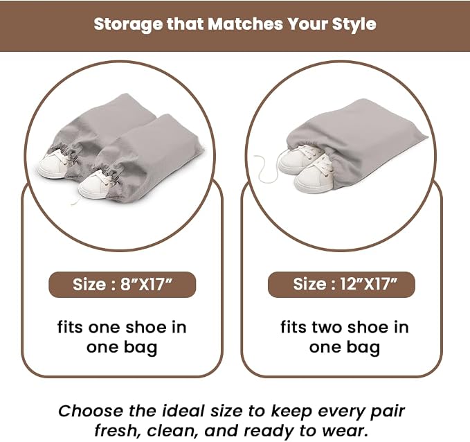 LFH Cotton Rich Shoe Storage Bags with Drawstring, Dustproof Breathable Reusable Organizer, Perfect For Travel, Dorm, Hotel, College, Gym, Easy to Carry, Machine Washable 8"x17" (Pack of 4) - Grey - Image 5