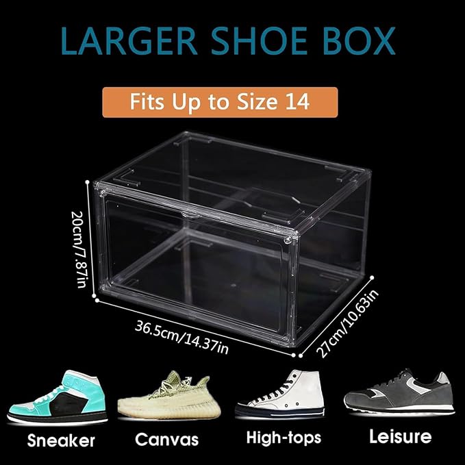 12 Pack Shoe Boxes, Clear Acrylic Stackable Plastic Sneaker Box Container, Magnetic Drop & Side Open Shoe Organizer Case Container With Lids Fits Up to Size 14 (Crystal Clear) - Image 2