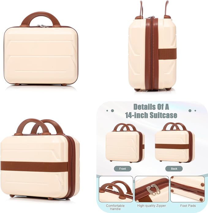2-Piece ABS Hard Shell Lightweight Carry-On Luggage Set (14" & 20"), 360-Degree Spinner Wheels, Adjustable Telescopic Handle and Combination Lock for Travel, Beige - Image 4