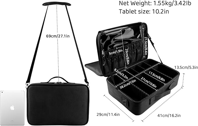 Travel Makeup Train Case,Large Capacity Cosmetic Bags for Women,Portable Makeup Bag Organizer with Adjustable Dividers & Shoulder Strap (Black, L) - Image 2
