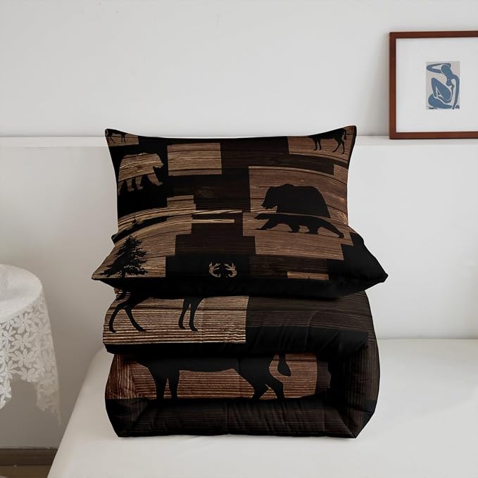 Erosebridal Rustic Bear Comforter Sets for Teens Youth,Lodge Elk Moose Bedding Set Twin,Cabin Hunting Animal Buffalo Plaid Check Quilt,Vintage Wooden Farmhouse Down Comforter with 1 Pillowcase - Image 6