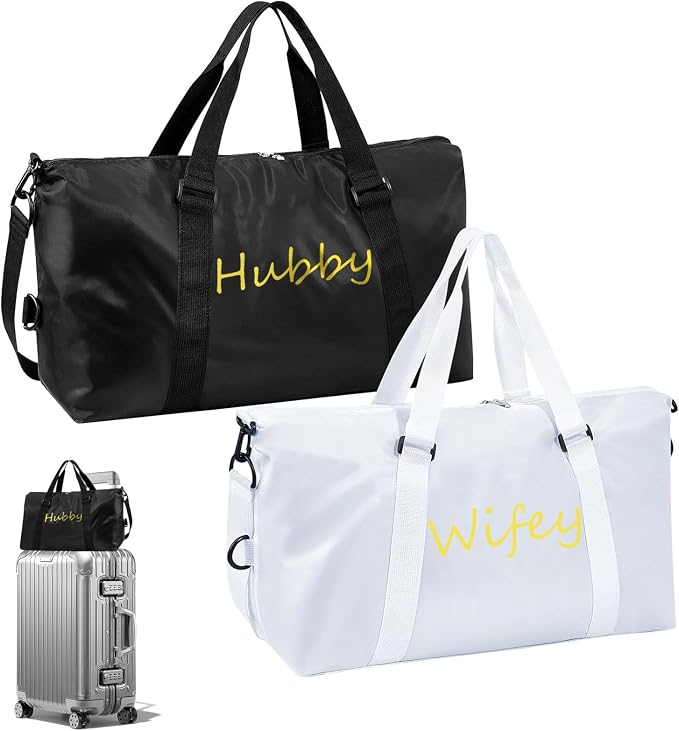 2 Pcs Wifey Hubby Duffle Bag Set White Black Wedding Travel Bags Waterproof Honeymoon Travel Bags Weekender Tote Bag For Women Men Couple Bridal Shower Honeymoon Party Organizer Supplies by Kuabiz