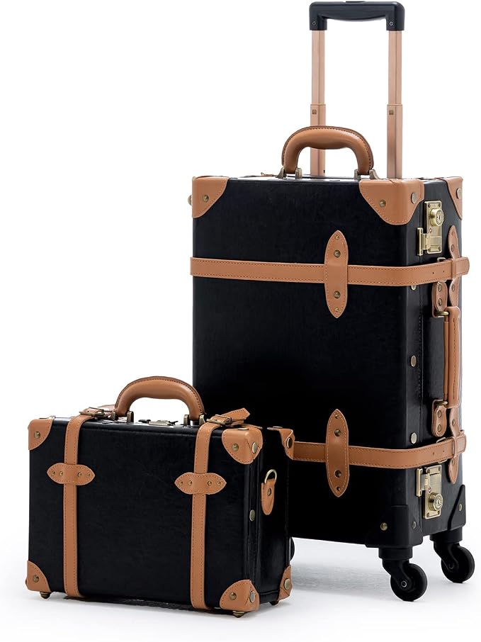 COTRUNKAGE 2 Piece Vintage Luggage TSA Lock Small Carry On Suitcase Sets for Travel with Spinner Wheels, Black by COTRUNKAGE
