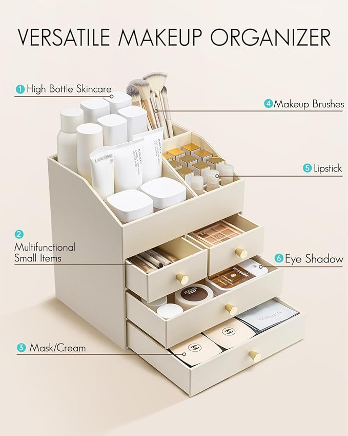 VLANDO Makeup Organizer,Vanity Organizer with Drawers, PU Leather Skincare Organizer Perfume Organizer,Large Cosmetic Display Case for Lipstick,Brushes Gifts for Women, Beige, 4 Layer - Image 4