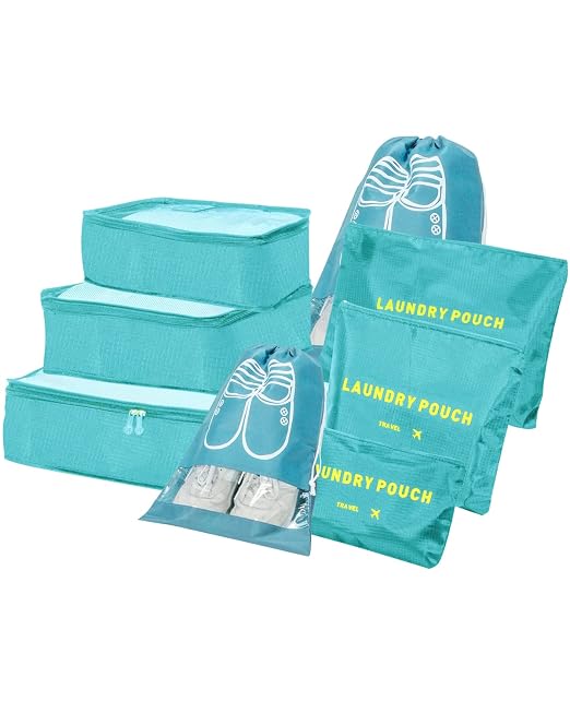 8-in-1 Suitcase Organiser Set for Travel, Clothes Bags, Packing Cubes, Luggage Organisers for Clothes, Shoes, Underwear, Cosmetics, Light Blue by BillyBath