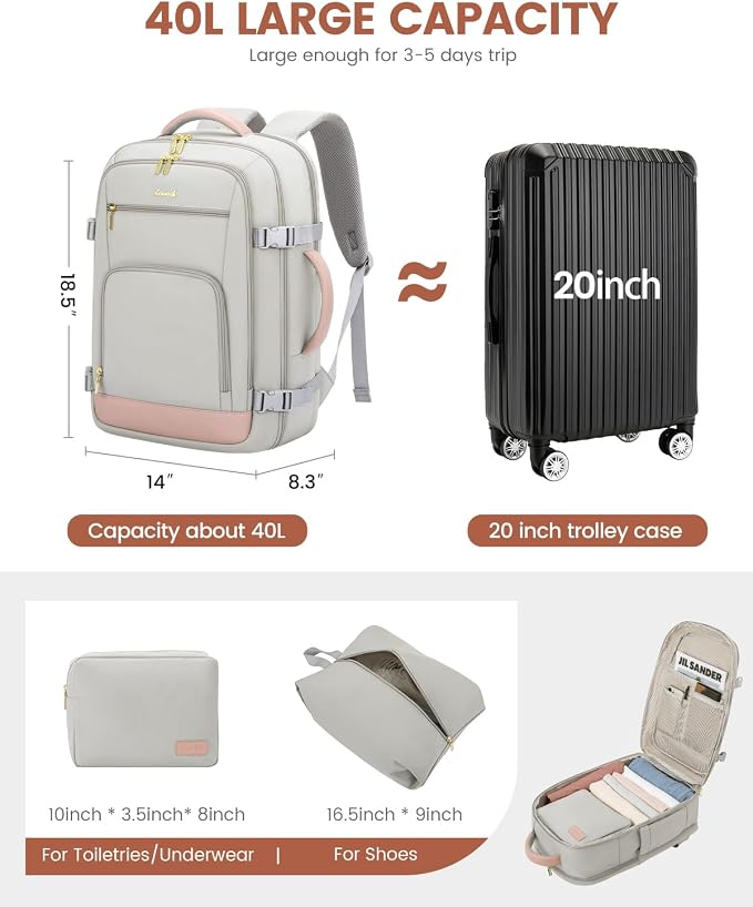 LOVEVOOK Carry On Travel Backpack For Women Flight Approved, 40L Large Personal Item Backpack Travel Bag for Airplanes, Business 17 Inch Laptop Backpack, Weekender Overnight Daypack, With 2 Cubes - Image 4
