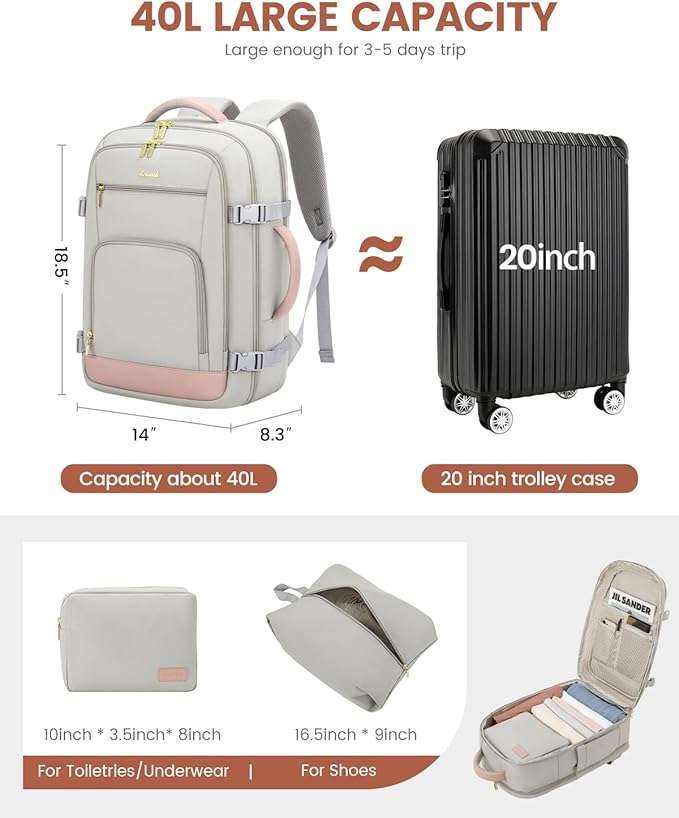 LOVEVOOK Travel Backpack For Women Flight Approved, 40L Carry On Backpack, Personal Item Travel Bag for Airplanes, Business Weekender Fit 17 Inch Laptop, Waterproof Overnight Daypack with 2 Cubes - Image 3