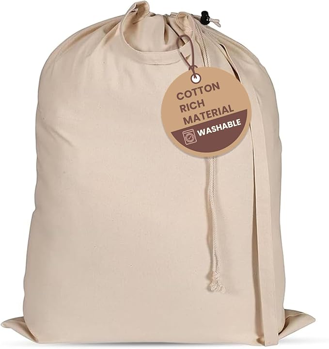 LFH Home Cotton Rich Canvas Extra Large Laundry Bag with Handle, Heavy Duty Drawstring Closure Washable Laundry Bags School Travel, Home, Hotel, College Dorm, Organizer Sack, 24x36-Natural by LFHHomePrivateLimited
