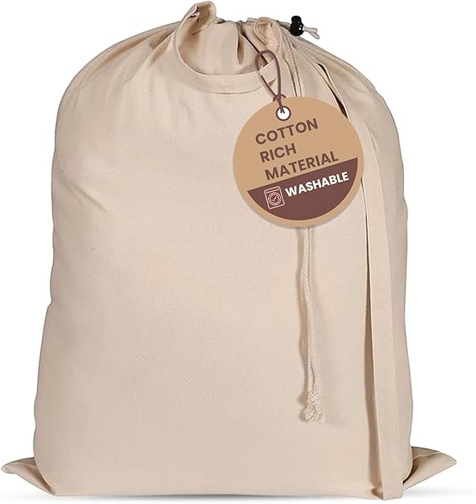 LFH Home Cotton Rich Canvas Large Laundry Bag with Handle, Heavy Duty Drawstring Closure Washable Laundry Bags School Travel, Home, Hotel, College Dorm, Organizer Sack, Toys 20x30-Natural by LFHHomePrivateLimited