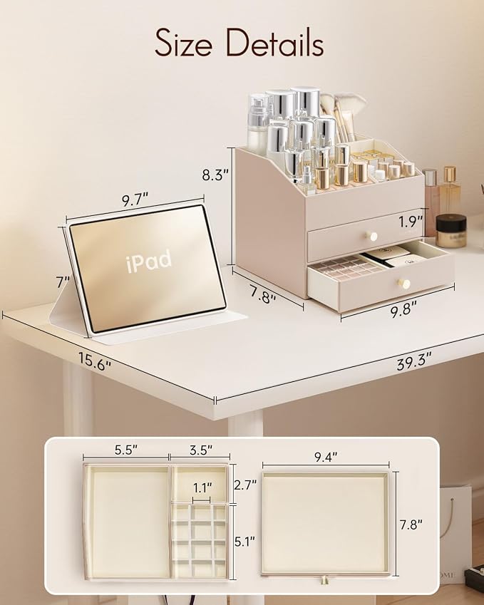 VLANDO Makeup Organizer for Vanity,Large Capacity Countertop Organizer with Drawers, PU Leather Cosmetic Display Case for Lipstick,Brushes,Skincare,Bedroom Storage (Toffee) - Image 4