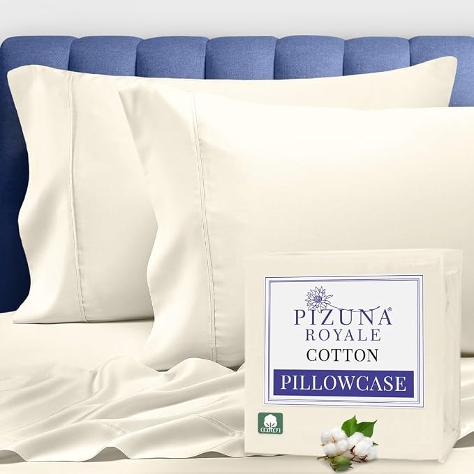 Pizuna 100% Luxury Cotton King Size Pillow Case Ivory, 1000 Thread Count 100% Long Staple Cotton Sateen Pillowcase, Pillow Covers with Stylish 4" Hem (Combed Cotton King Pillowcase Set of 2) - Image 2
