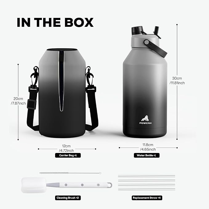 POWCAN 64 oz Insulated Water Bottle with 2-in-1 Straw and Spout Lid, Keep Cold 48H, Leakproof, Carrier Bag, Stainless Steel Sport Water Bottle for Men, Fitness, Outdoors, Gym and Travel (Obsidian) - Image 4