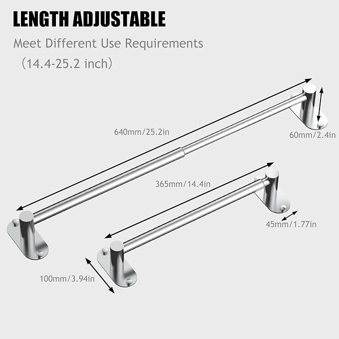 Towel Bar, Adjustable 14.4inch - 25.2inch Towel Rack, Self Adhesive & Wall Mounted for Bathroom Kitchen Hand Towel Holder Cloths Hanger SUS 304 Stainless Steel Single Bar (4, Chrome) - Image 2