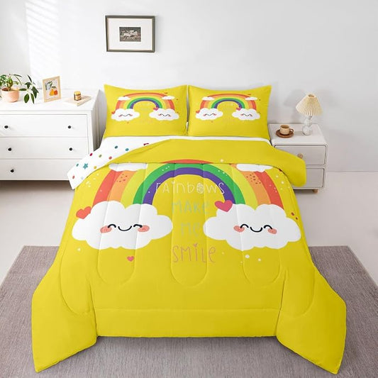 Erosebridal Rainbow Quilted Comforter King Size, Kawaii Comforter Set Love Heart Bedding Set Cartoon Rainbow Iridescent Down Comforter,3 Pcs One Bed Comforter and Two Pillowcases in One Bag, Yellow by Erosebridal